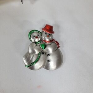 Vintage JJ Jonette Enamel Pewter Snowman Christmas Brooch Holiday